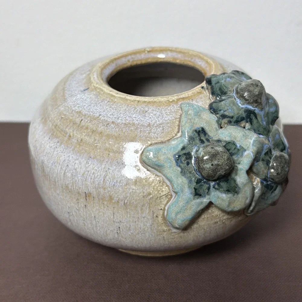 Handmade Studio Art Pottery Squat Vase Sculpted Applied Flowers Wabi Sabi Vessel